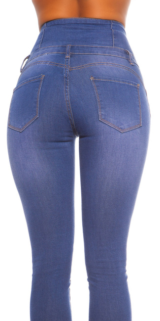 skinny hoge taille jeans gebruikte used look met scheuren jeansblauw